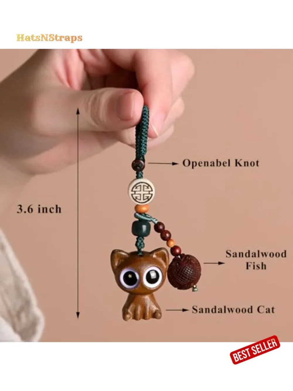 Hand-carved Wooden Lucky Cat Keychain - Feng Shui Good Luck Charm for Keys